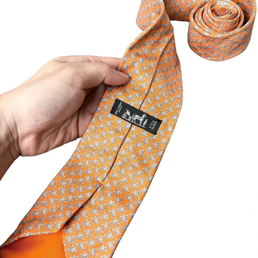 Hermes Silk Tie Mens Orange Sea Turtle Animal Print 5445 FA France